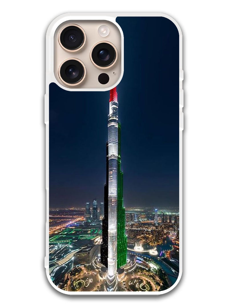 Theodor Protective Case Cover For APPLE IPHONE 16 Pro Max Burj Khalifa UAE Flag (White Bumper) - Image 1
