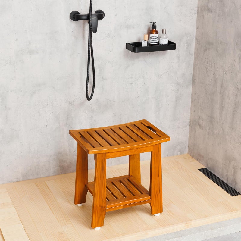 NNN 14" Compact Teak Shower Stool with Shelf & Handle - Waterproof, Non-Slip Bath Bench for Small Bathrooms/Tub/Outdoor Use, 300 lbs Capacity (Patented) - Image 2