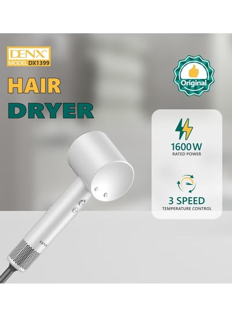 DENX Professional Hair Dryer 1600W with a Powerful 110,000 RPM High-Speed Motor – Full Control with 3 Speeds and 3 Heat Levels – Hot & Cold Air Function – Modern Lightweight Design for Fast, Damage-Free Drying – Ideal Performance for Daily Use - Image 4