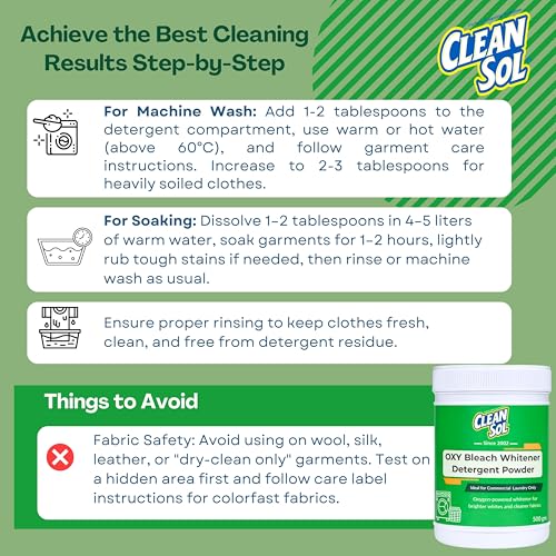 Cleansol Oxygen Bleach Powder 500g | Fabric Whitener, Color-Safe Brightener & Stain Remover | Chlorine-Free Laundry Booster for White & Colored Clothes - Image 4