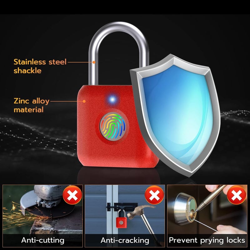 Pothunder Fingerprint Padlock, Smart Metal Keyless Fingerprint Lock, Waterproof, USB Rechargeable, for Gym, School, Luggage, Backpack, Suitcase, Red - Image 5