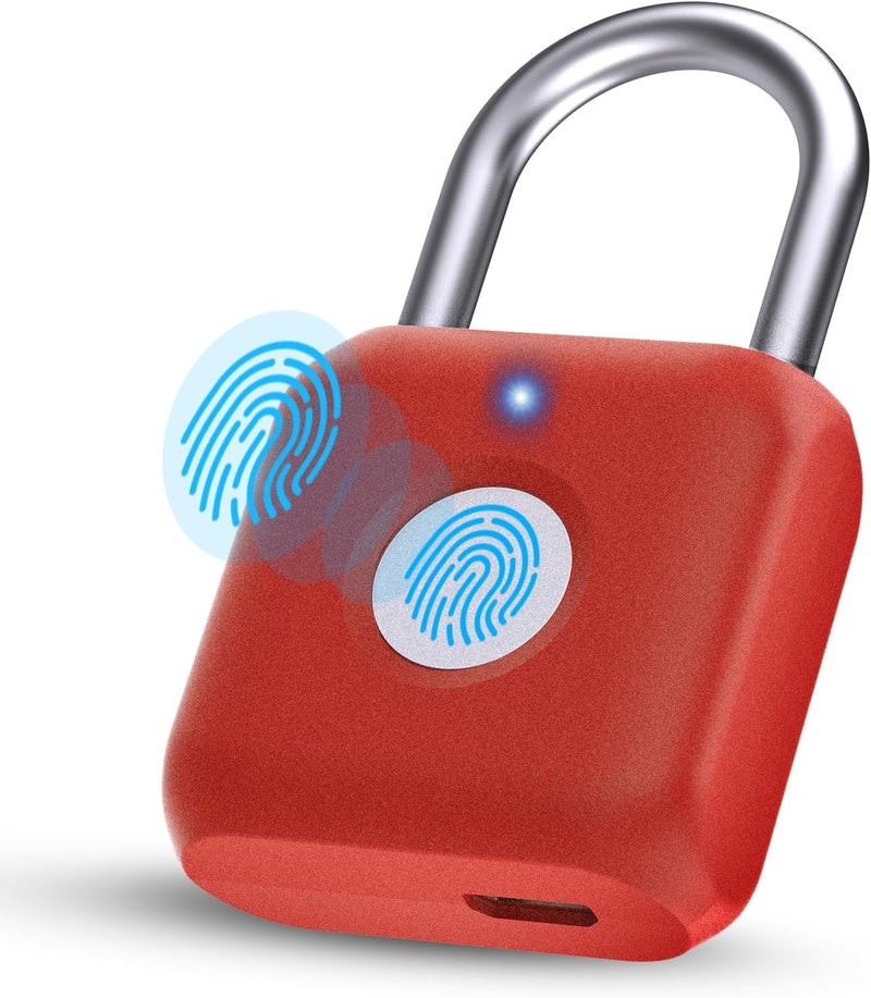 Pothunder Fingerprint Padlock, Smart Metal Keyless Fingerprint Lock, Waterproof, USB Rechargeable, for Gym, School, Luggage, Backpack, Suitcase, Red - Image 1