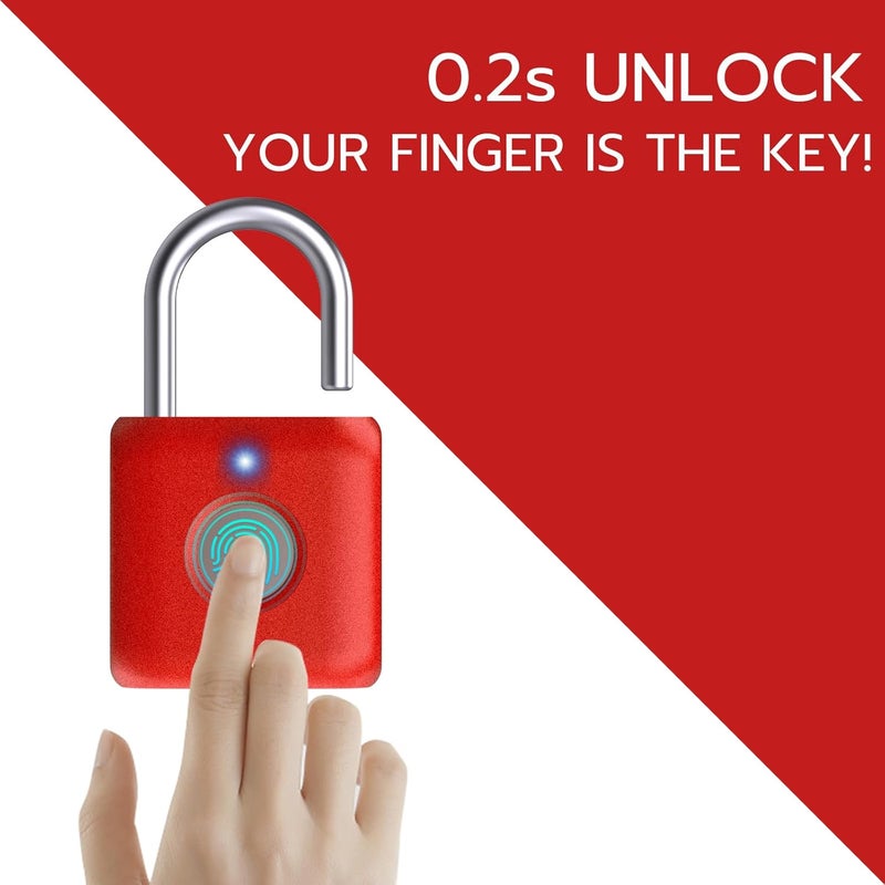 Pothunder Fingerprint Padlock, Smart Metal Keyless Fingerprint Lock, Waterproof, USB Rechargeable, for Gym, School, Luggage, Backpack, Suitcase, Red - Image 2