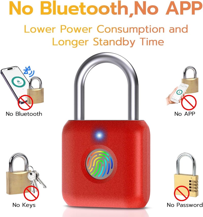 Pothunder Fingerprint Padlock, Smart Metal Keyless Fingerprint Lock, Waterproof, USB Rechargeable, for Gym, School, Luggage, Backpack, Suitcase, Red - Image 4