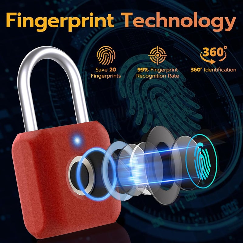 Pothunder Fingerprint Padlock, Smart Metal Keyless Fingerprint Lock, Waterproof, USB Rechargeable, for Gym, School, Luggage, Backpack, Suitcase, Red - Image 3