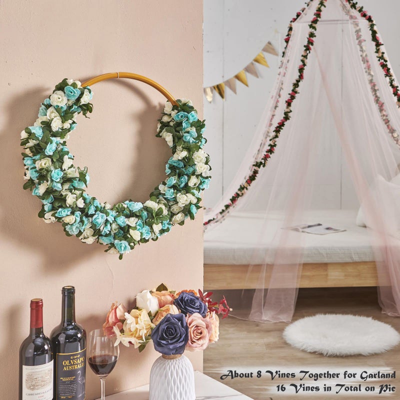 PONKING 8 Pcs 66FT Flower Garland  Artificial Rose Vine Flowers with Green Leaves  Hanging Fake Roses Vine for Room Anniversary Wedding Birthday Christmas Wall Arch Decor  White Blue Flower - Image 3