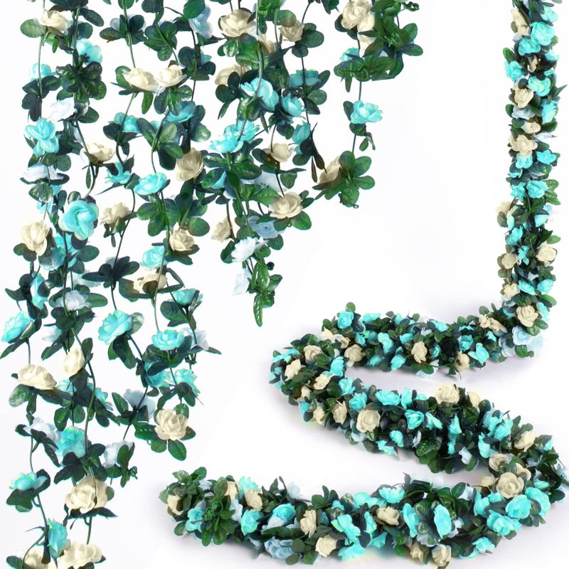 PONKING 8 Pcs 66FT Flower Garland  Artificial Rose Vine Flowers with Green Leaves  Hanging Fake Roses Vine for Room Anniversary Wedding Birthday Christmas Wall Arch Decor  White Blue Flower - Image 1