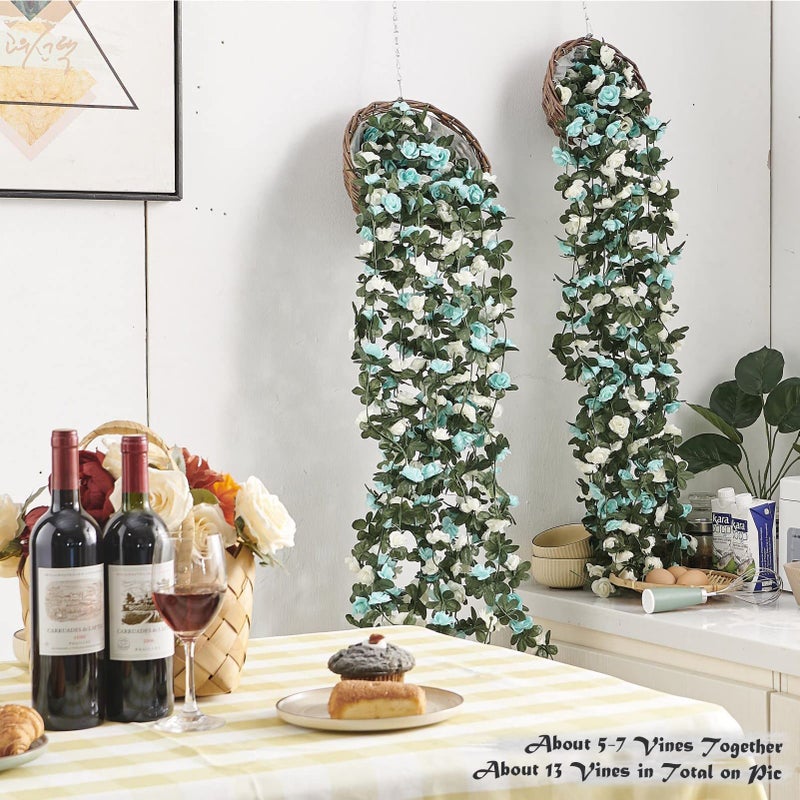 PONKING 8 Pcs 66FT Flower Garland  Artificial Rose Vine Flowers with Green Leaves  Hanging Fake Roses Vine for Room Anniversary Wedding Birthday Christmas Wall Arch Decor  White Blue Flower - Image 2
