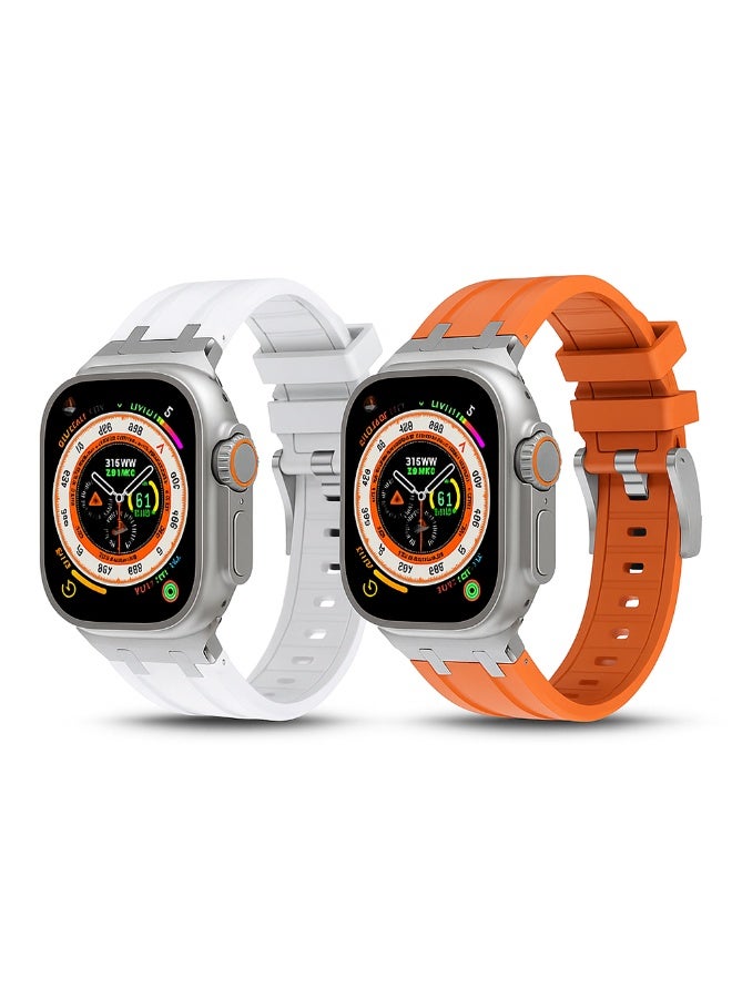 O Ozone (Pack of 2) O Ozone Liquid Silicone Rubber Bands Compatible with Apple Watch Band Series 9 Ultra 8 7 6 5 4 3 2 1 SE Men, Luxury Rubber Band with Stainless Steel Adapter for Apple Watch 49mm 45mm 44mm 42mm- White/Orange - Image 1