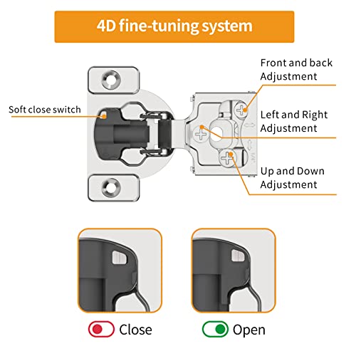 Chibery 50 Pack 1/4" Small Overlay 4D Concealed Hinges for Face Frame Door, Soft Close On/Off Switch, Self Closing, 105° Open Angle Concealed Stainless Steel Hinges for Framed Cabinet, Satin Nickel - Image 2