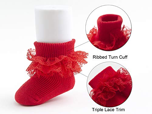 EPEIUS 5 Pairs Baby-Girls Eyelet Turn Cuff Ruffle Frilly Lace Socks Newborn Triple Lace Dressy Socks Gift Box White/Cream/Baby Pink/Black/Red 0-6 Months - Image 3