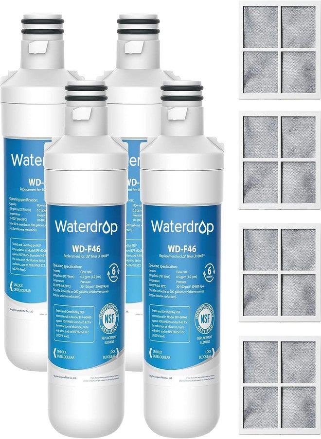 ووتر دروب فلتر مياه وفلتر هواء للثلاجة Waterdrop LT1000PC ADQ747935، بديل لفلتر LG® LT1000P®، LMXS28626S، LFXS26973S، LFXS26596S، LFXS28596S، ADQ74793501، ADQ74793502 وLT120F®، عبوة من 4 قطع - Image 1