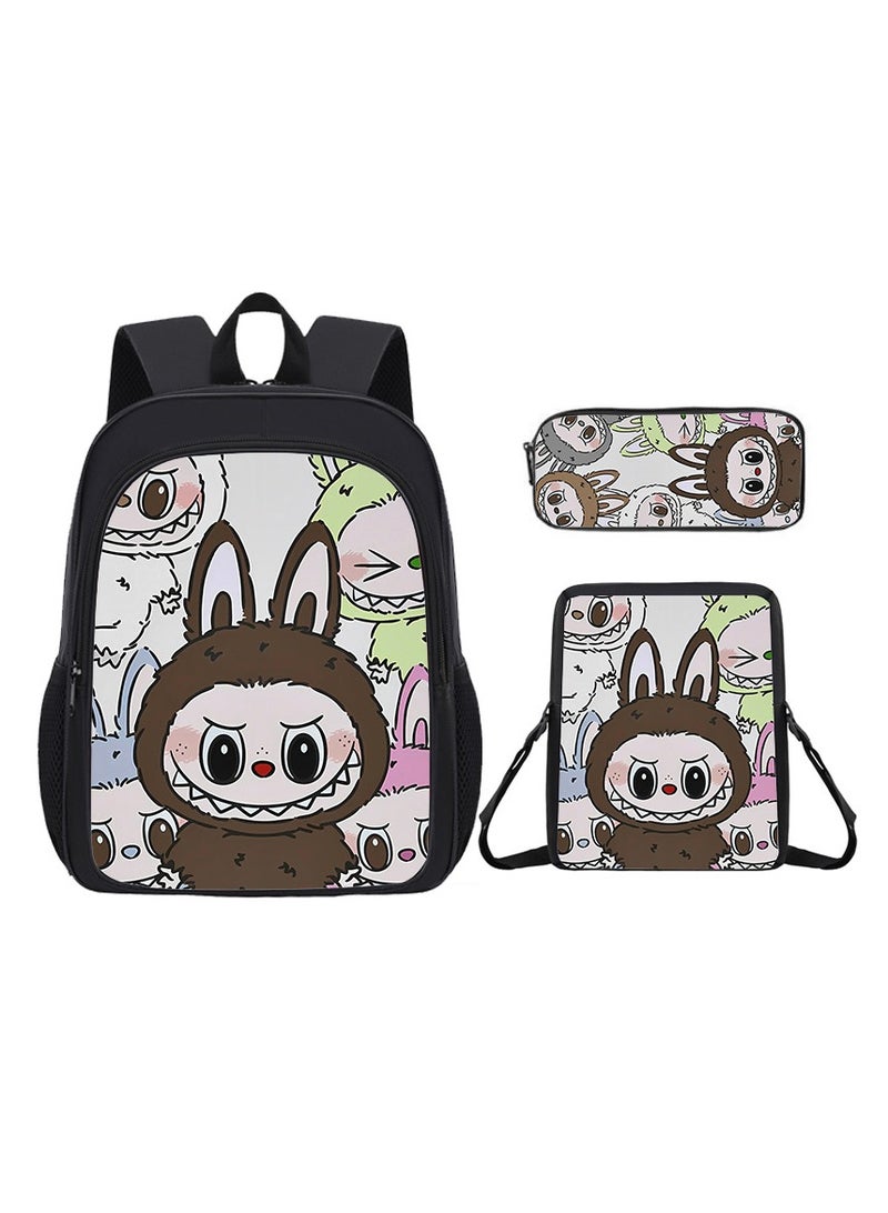 لابوبو حقيبة لابوبو المدرسية الكرتونية للطلاب، حقيبة ظهر لطيفة للأطفال، سعة كبيرة 34*26*14 سم + حقيبة غداء 23*19*6 سم + مقلمة 11*24*7 سم، طقم من ثلاث قطع. - Image 1