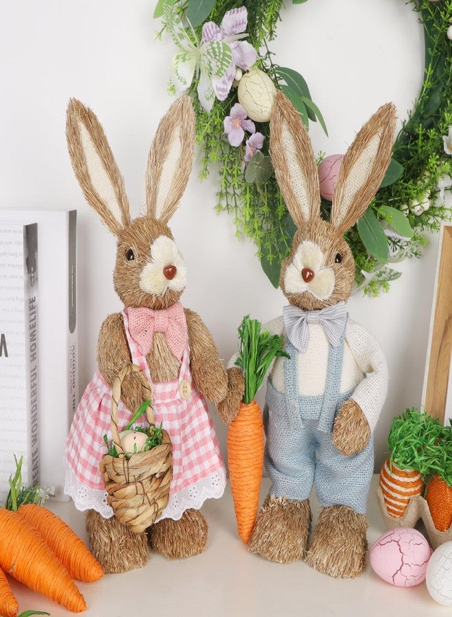 DR.DUDU Set of 2 Easter Decorations for Home- 14" Sisal Bunny Figurines with Carrot & Egg, Spring Straw Bunny Couple Farmhouse Centerpieces for Tables, Easter Rabbits Decor - Image 3