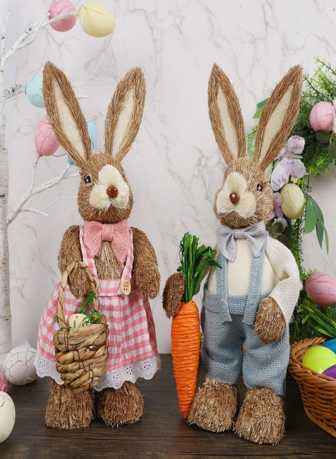 DR.DUDU Set of 2 Easter Decorations for Home- 14" Sisal Bunny Figurines with Carrot & Egg, Spring Straw Bunny Couple Farmhouse Centerpieces for Tables, Easter Rabbits Decor - Image 5