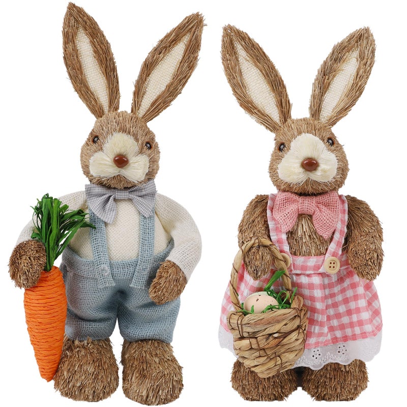 DR.DUDU Set of 2 Easter Decorations for Home- 14" Sisal Bunny Figurines with Carrot & Egg, Spring Straw Bunny Couple Farmhouse Centerpieces for Tables, Easter Rabbits Decor - Image 1