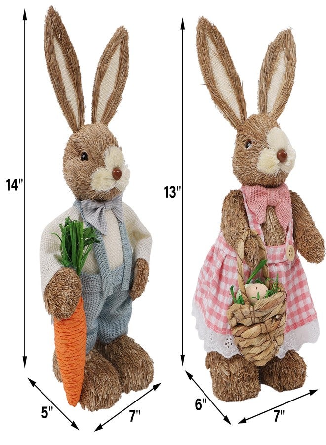 DR.DUDU Set of 2 Easter Decorations for Home- 14" Sisal Bunny Figurines with Carrot & Egg, Spring Straw Bunny Couple Farmhouse Centerpieces for Tables, Easter Rabbits Decor - Image 2