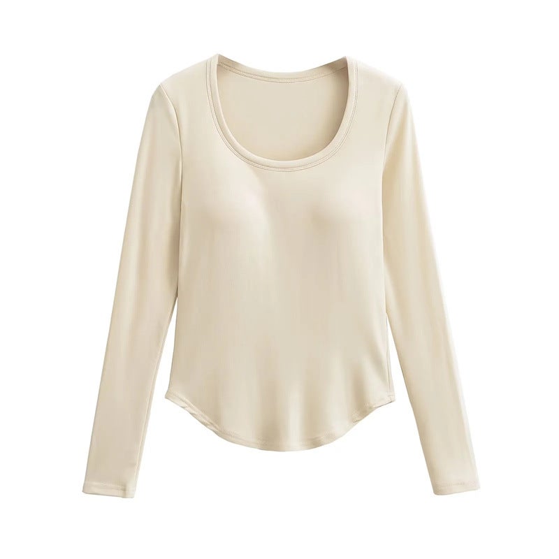 American Spice Girl With Chest Pad U-Collar Fleece Long-Sleeved T-Shirt Autumn New Design Sense Hems Curved Slim Base Shirt - Image 5