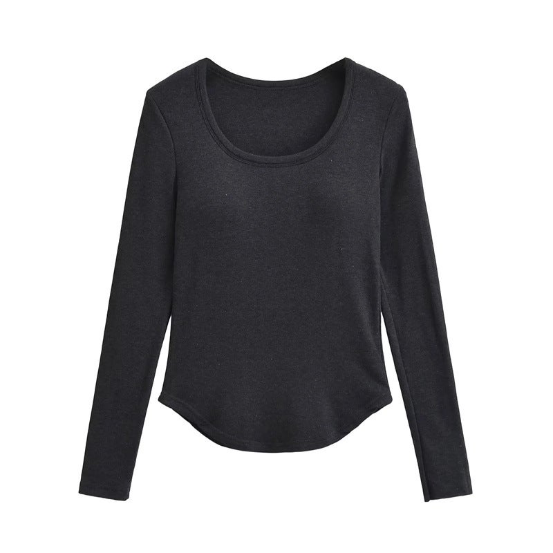 American Spice Girl With Chest Pad U-Collar Fleece Long-Sleeved T-Shirt Autumn New Design Sense Hems Curved Slim Base Shirt - Image 1