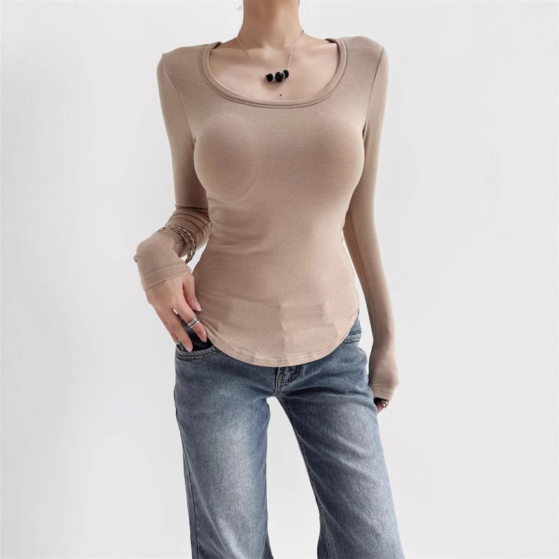 American Spice Girl With Chest Pad U-Collar Fleece Long-Sleeved T-Shirt Autumn New Design Sense Hems Curved Slim Base Shirt - Image 3