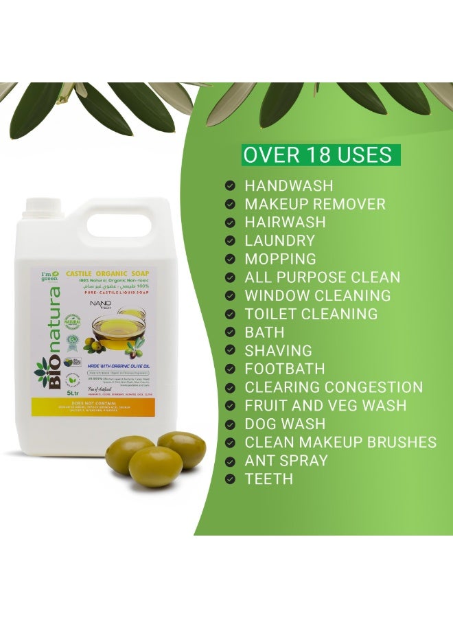 بيوناتورا صابون سائل بيونيت العضوي، صابون قشتالة نقي - طبيعي 100%، مصنوع من زيوت عضوية، 18 استخدامًا في 1: الوجه، الجسم، الشعر، الغسيل، الحيوانات الأليفة والأطباق، مركز، نباتي، غير معدل وراثيًا، غير سام - 1 لتر (5 لترات) - Image 5