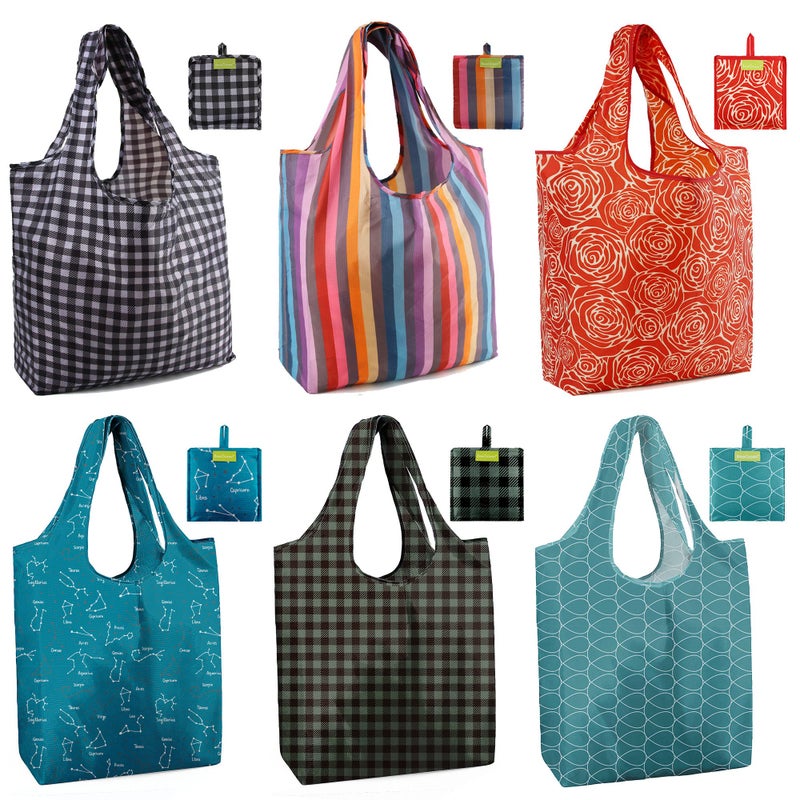 BeeGreen BeeGreen Geometry Tote Bag 6 Pack Reusable Grocery Bags with Pouch Bulk XLarge 50Lbs Machine Washable Polyester Fabrics Foldable Grocery Bags Ripstop for Men Women Shopping Bags Black Red Blue