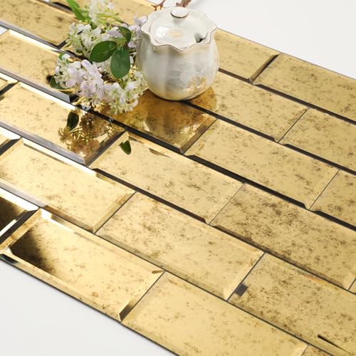 Diflart Peel and Stick Beveled MirrorTile, Light Antique with Gold, 3x6 Inch, Mirror Backsplash for Kitchen Bar Bathroom Wall Tile (5 Sq.ft, 40 Pcs) - Image 1