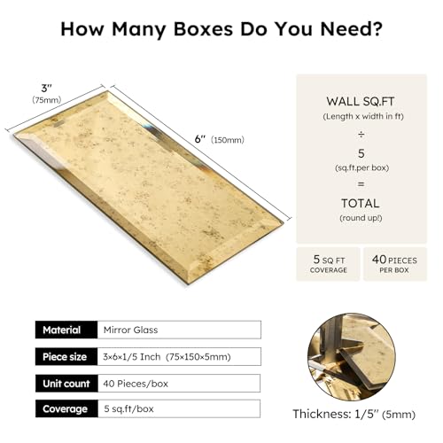 Diflart Peel and Stick Beveled MirrorTile, Light Antique with Gold, 3x6 Inch, Mirror Backsplash for Kitchen Bar Bathroom Wall Tile (5 Sq.ft, 40 Pcs) - Image 3