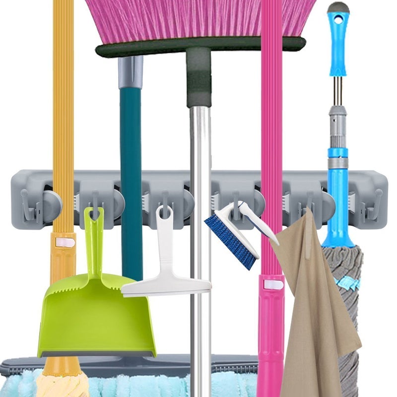 RD MALL Wall Mounted ABS Plastic Mop and Broom Holder Rack with 5 Slot and 6 Hook 40x11x65 cm Standard - Image 1