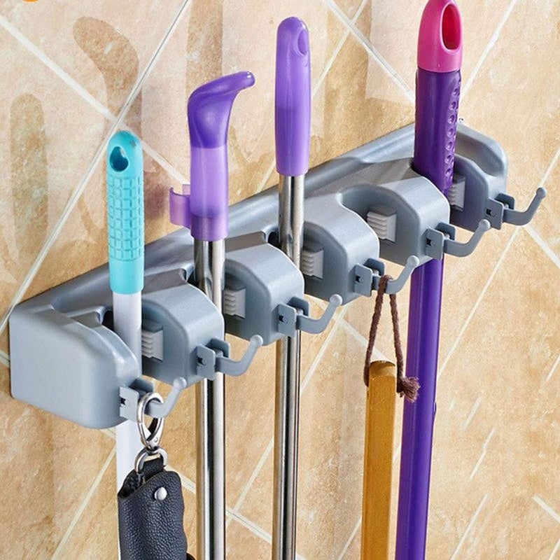 RD MALL Wall Mounted ABS Plastic Mop and Broom Holder Rack with 5 Slot and 6 Hook 40x11x65 cm Standard - Image 2