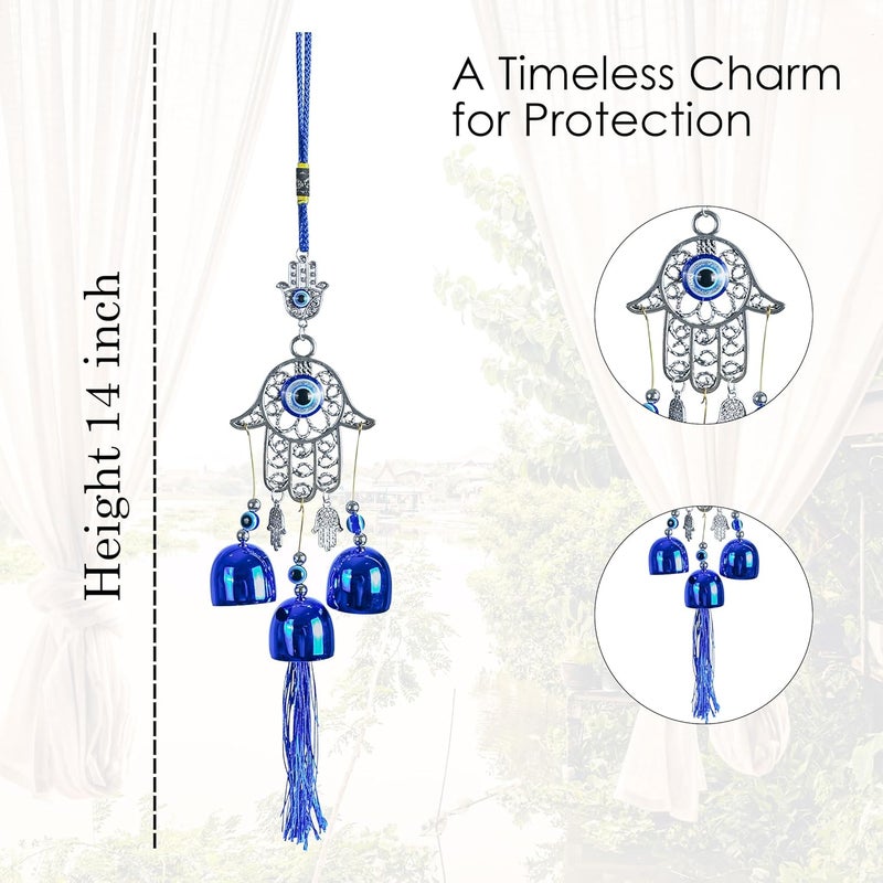 ZAICUS Blue Evil Eye Hamsa Palm Wall Hanging with Nazar Battu & 3 Bells – Protective Charm for Good Luck, Prosperity, and Positive Energy in Your Home, Office, and Car - Image 3