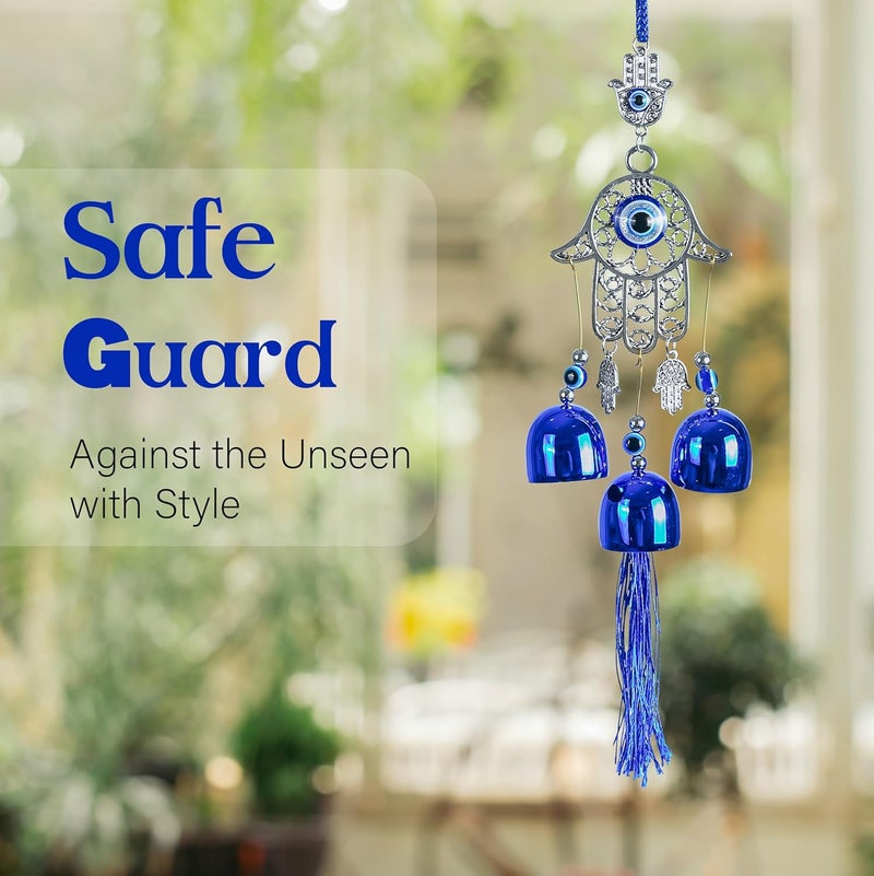 ZAICUS Blue Evil Eye Hamsa Palm Wall Hanging with Nazar Battu & 3 Bells – Protective Charm for Good Luck, Prosperity, and Positive Energy in Your Home, Office, and Car - Image 5