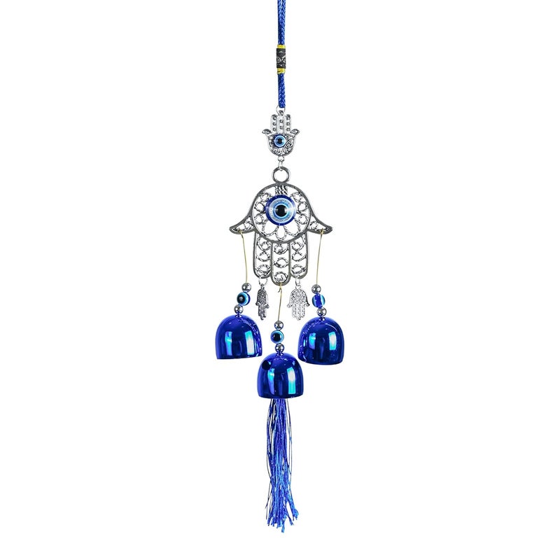 ZAICUS Blue Evil Eye Hamsa Palm Wall Hanging with Nazar Battu & 3 Bells – Protective Charm for Good Luck, Prosperity, and Positive Energy in Your Home, Office, and Car - Image 1