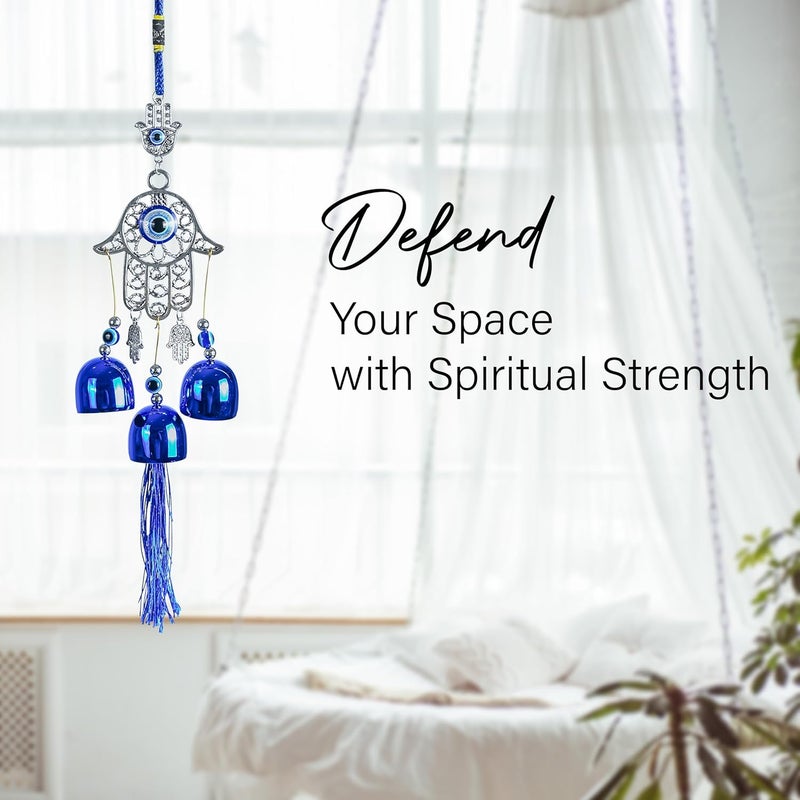 ZAICUS Blue Evil Eye Hamsa Palm Wall Hanging with Nazar Battu & 3 Bells – Protective Charm for Good Luck, Prosperity, and Positive Energy in Your Home, Office, and Car - Image 4