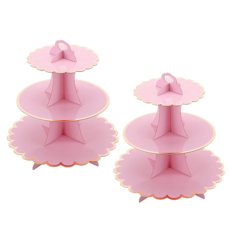 MRPAPA Pink Cardboard Cupcake Stand,2PCS Cup Cake Holder Thick Paper Dessert Tray, 3-Tier Round Serving Tray Perfect for Baby Girls Pink and Gold Birthday Baby Shower Party Supplies - Image 1
