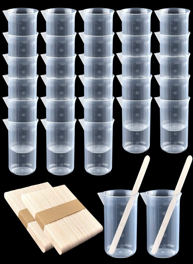 Coopay 30 Pack 100ml/3.4oz Plastic Beakers Epoxy Mixing Cups, Plastic Graduated Cups Clear Multipurpose Measuring Beaker with 100 Pack Wooden Stirring Sticks for Resin, Epoxy, Stain, Mixing - Image 1