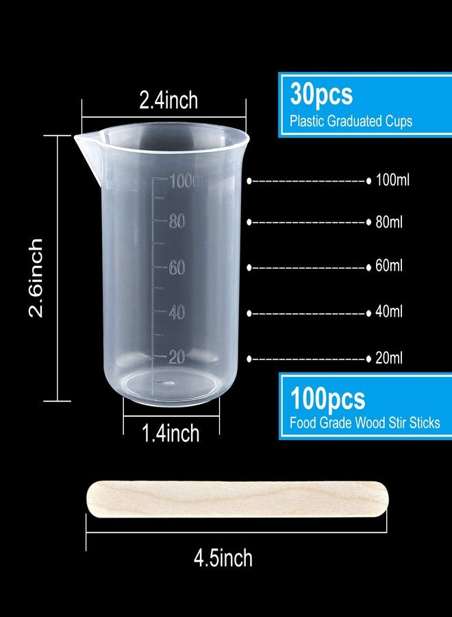 Coopay 30 Pack 100ml/3.4oz Plastic Beakers Epoxy Mixing Cups, Plastic Graduated Cups Clear Multipurpose Measuring Beaker with 100 Pack Wooden Stirring Sticks for Resin, Epoxy, Stain, Mixing - Image 2