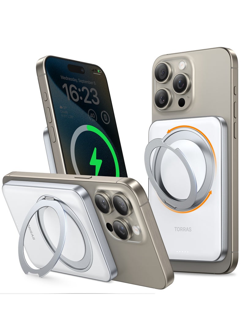 TORRAS - 5,000mAh Magnetic Portable Charger Power Bank with Stand, Fast Charging Slim Thin Compact Wireless Battery Pack for iPhone iPhone 16/15/14/13/12/ Samsung Galaxy S24 Ultra, White - Image 1