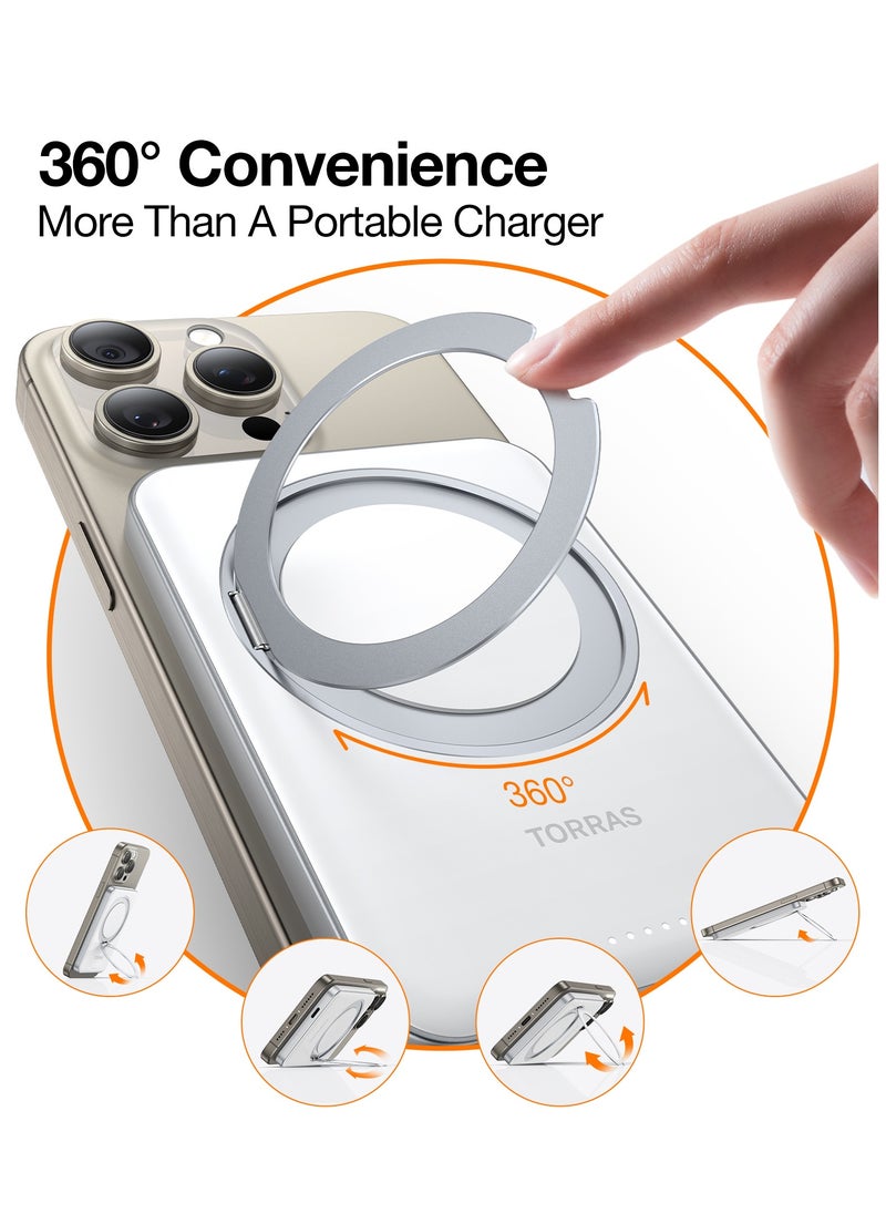 TORRAS - 5,000mAh Magnetic Portable Charger Power Bank with Stand, Fast Charging Slim Thin Compact Wireless Battery Pack for iPhone iPhone 16/15/14/13/12/ Samsung Galaxy S24 Ultra, White - Image 1