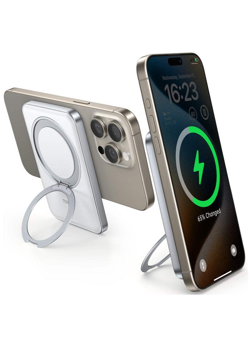 TORRAS - 5,000mAh Magnetic Portable Charger Power Bank with Stand, Fast Charging Slim Thin Compact Wireless Battery Pack for iPhone iPhone 16/15/14/13/12/ Samsung Galaxy S24 Ultra, White - Image 1