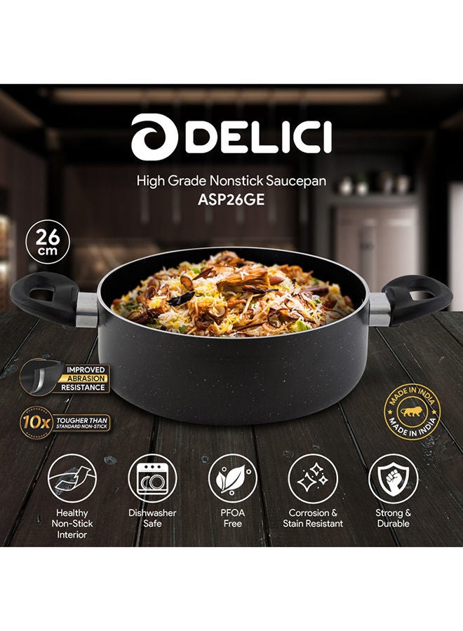 DELICI Non Stick Sauce Pan 26 CM – High-Grade Granite Gray Non-Stick Saucepan with Eco-Friendly PFOA Free Coating, Heat Proof Bakelite Handle, Tempered Glass Lid, Multiple Cooktop Compatible - Image 2