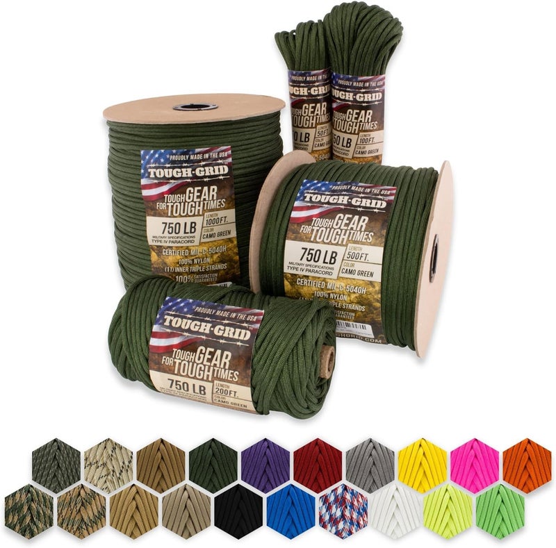 TOUGH-GRID 750lb Camo Green Paracord/Parachute Cord - Genuine Mil Spec Type IV 750lb Paracord Used by The US Military (MIl-C-5040-H) - 100% Nylon - 200Ft. - Camo Green - Image 1