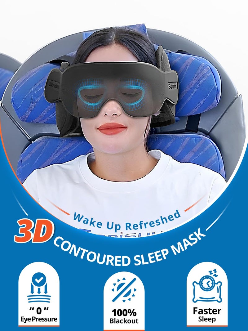 SARISUN Travel Pillow Combo with Chin Strap, Airplane Pillows with 3D Eye Mask for Sleeping, 360Â° Support Plane Head Strap for All Plane Seats, Long Flights Essentials, Stop Bobblehead, Black - Image 3