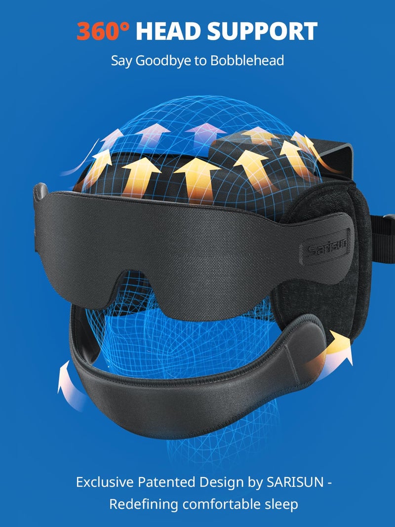 SARISUN Travel Pillow Combo with Chin Strap, Airplane Pillows with 3D Eye Mask for Sleeping, 360Â° Support Plane Head Strap for All Plane Seats, Long Flights Essentials, Stop Bobblehead, Black - Image 5