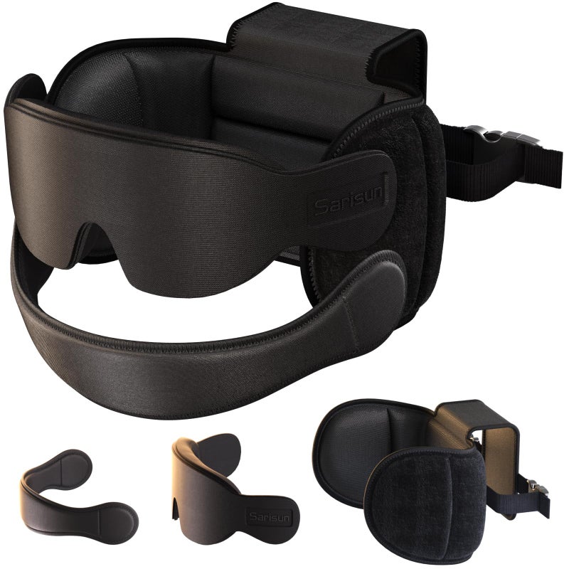 SARISUN Travel Pillow Combo with Chin Strap, Airplane Pillows with 3D Eye Mask for Sleeping, 360Â° Support Plane Head Strap for All Plane Seats, Long Flights Essentials, Stop Bobblehead, Black - Image 1