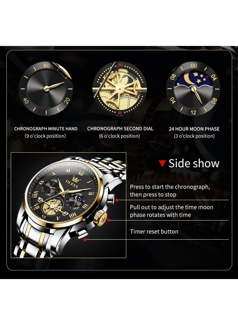 أوليفز OLEVS ساعة رجالية جودة التناظرية الكوارتز الفولاذ المقاوم للصدأ مقاوم للماء كرونوغراف مضيئة الأعمال عادية فستان فاخر وجه كبير ساعات المعصم - Image 5