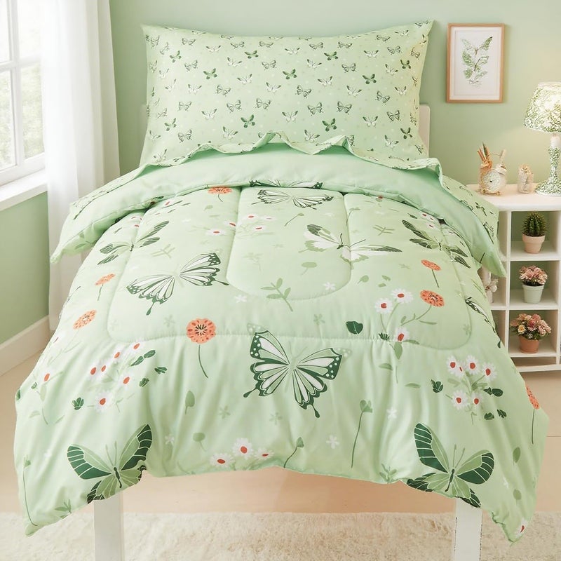 Mooreeke 4 Pieces Toddler Bedding Set - Soft Sage Green Butterfly Toddler Comforter Sets for Girls, Includes Quilted Comforter, Flat Sheet, Fitted Sheet and Pillowcase, Bed in A Bag for Baby Bedroom - Image 1