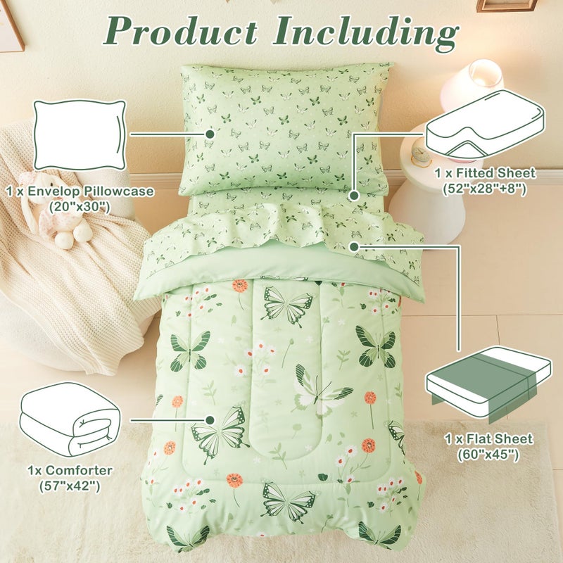 Mooreeke 4 Pieces Toddler Bedding Set - Soft Sage Green Butterfly Toddler Comforter Sets for Girls, Includes Quilted Comforter, Flat Sheet, Fitted Sheet and Pillowcase, Bed in A Bag for Baby Bedroom - Image 2