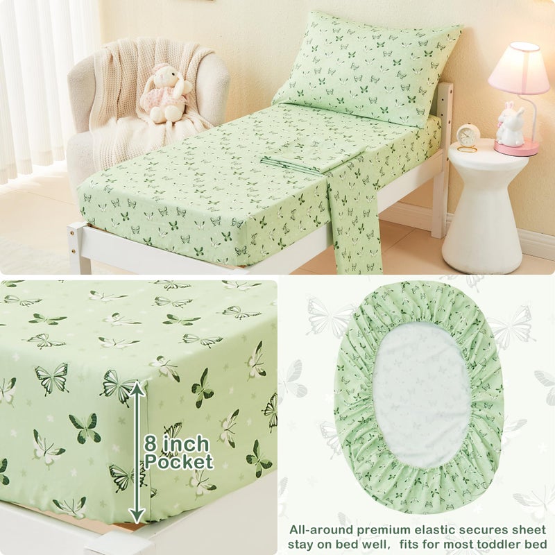 Mooreeke 4 Pieces Toddler Bedding Set - Soft Sage Green Butterfly Toddler Comforter Sets for Girls, Includes Quilted Comforter, Flat Sheet, Fitted Sheet and Pillowcase, Bed in A Bag for Baby Bedroom - Image 4