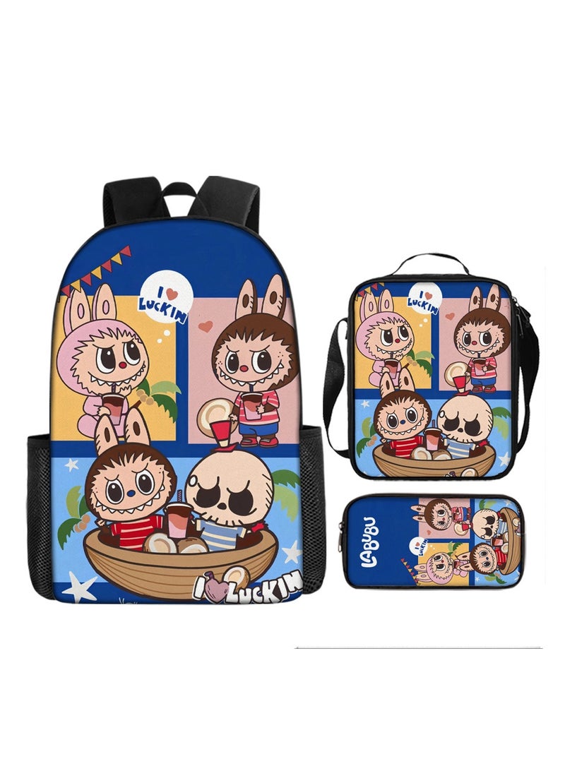 LABUBU حقيبة ظهر مدرسية للأطفال من لابوبو، حقيبة مدرسية للطلاب المراهقين مع صندوق غداء وحافظة أقلام 3 في 1 للأولاد والبنات - Image 1
